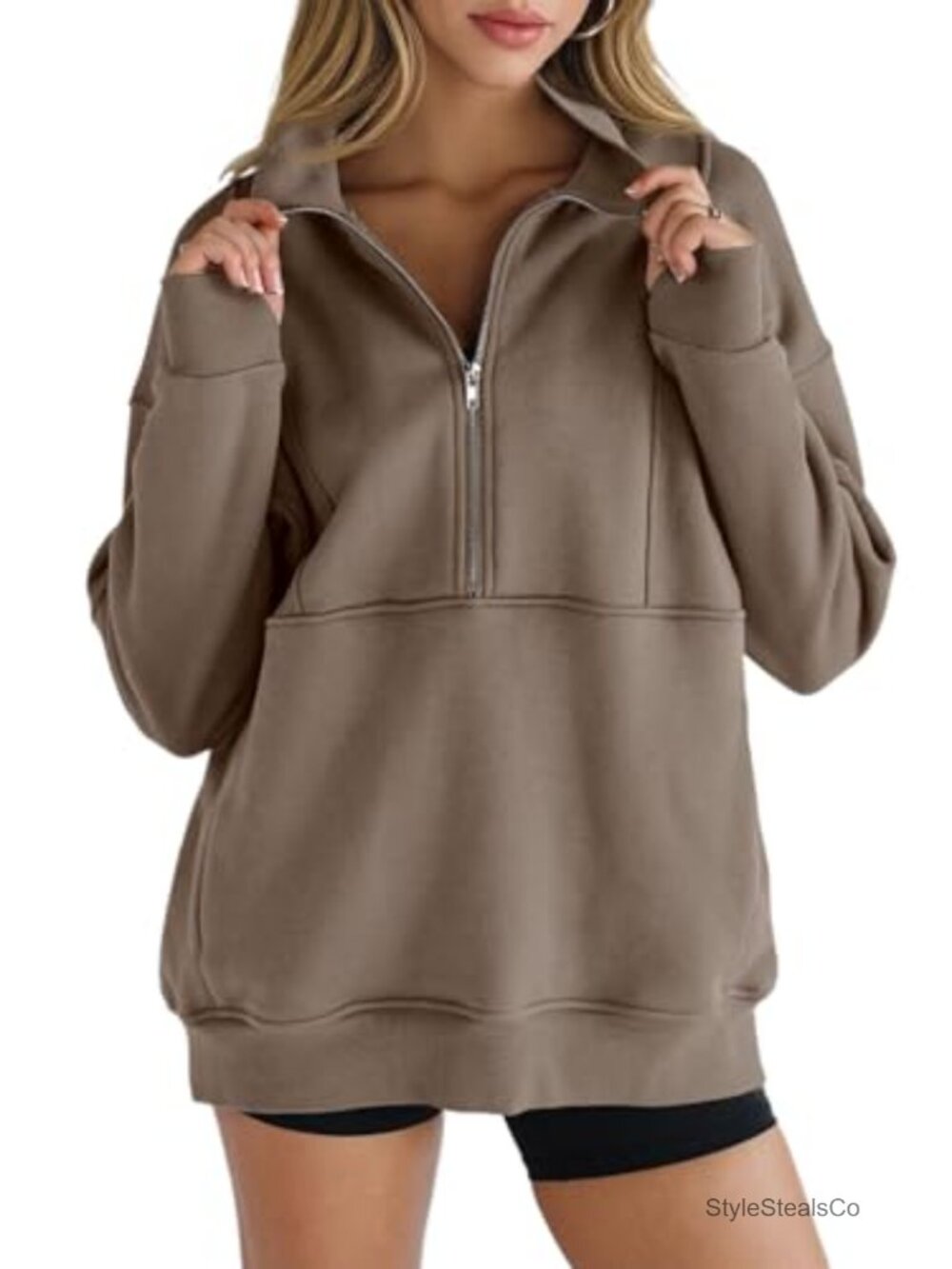 Women's Half Zip Fleece Oversized Pullover Thumb Hole Long Sleeve Sweatshirt